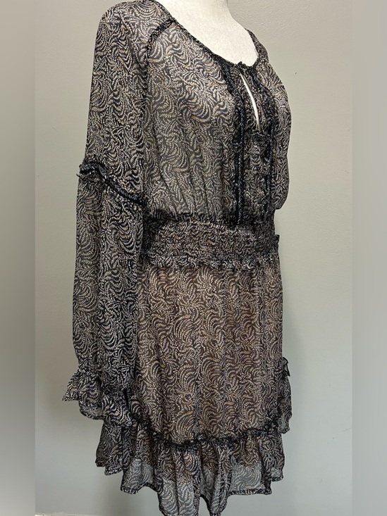 Endless Blu Dresses & Skirts - Endless Blu Sheer Boho Mini Dress Leaf Print Beaded Ruffle Black Cream